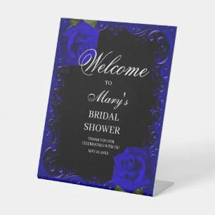 Elegant Goth Blue Roses Bridal Shower welcome Pedestal Sign