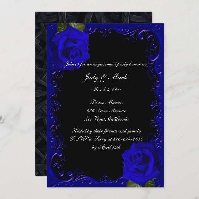 Elegant Goth Blue Roses Engagement Party Invitation (Front/Back)