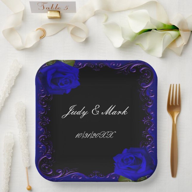 Elegant Goth Blue Roses Paper Plate (Wedding)