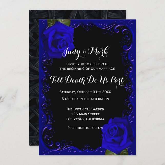 Elegant Goth Blue Roses Wedding Invitation (Front/Back)