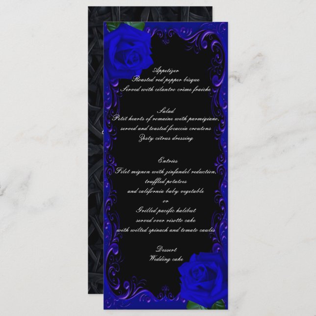 Elegant Goth Blue Roses Wedding Menu (Front/Back)