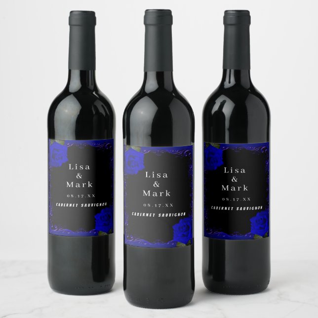 Elegant Goth Blue Roses Wine Labels (Bottles)