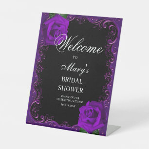 Elegant Goth Purple Roses Bridal Shower welcome Pedestal Sign