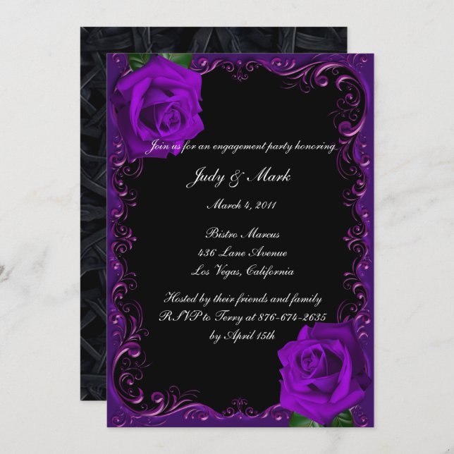 Elegant Goth Purple Roses Engagement Party Invitation (Front/Back)