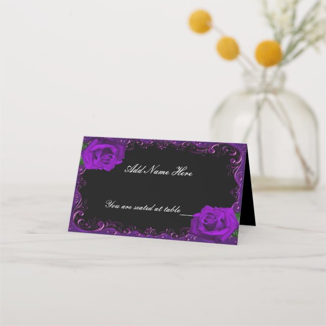 Elegant Goth Purple Roses Table Place Card (Front)