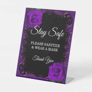 Elegant Goth Purple Roses Wedding Safety Measures  Pedestal Sign