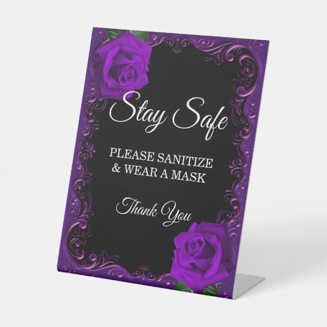 Elegant Goth Purple Roses Wedding Safety Measures  Pedestal Sign (Front)