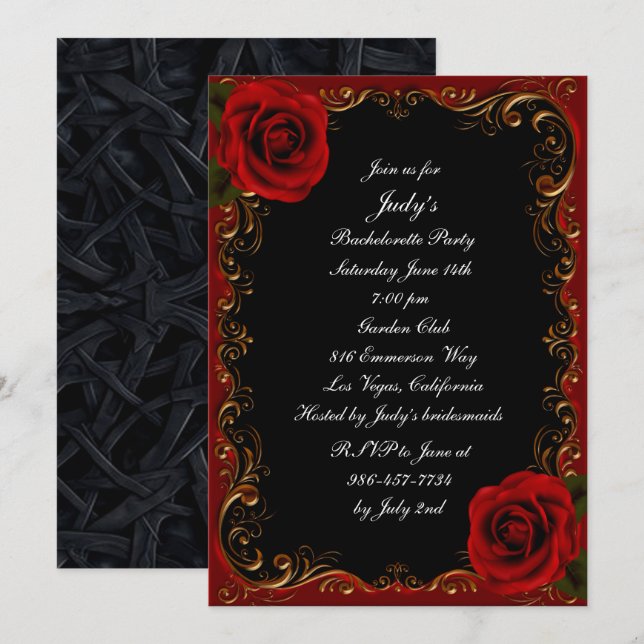 Elegant Goth Red Roses Bachelorette Party Invitation (Front/Back)