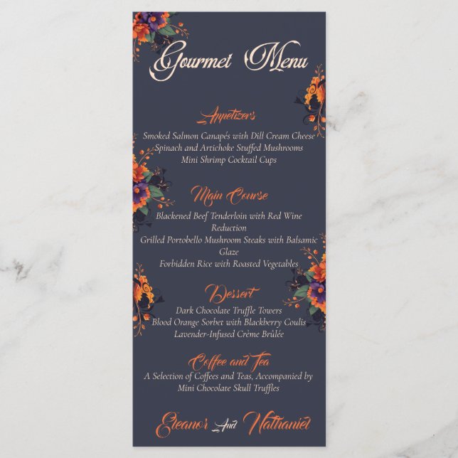 Elegant Gothic 3D Floral Skull simple gourmet menu (Front)