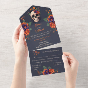 Elegant Gothic 3D Floral Skull wedding All In One Invitation
