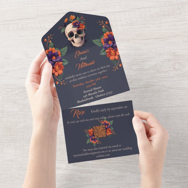 Elegant Gothic 3D Floral Skull wedding All In One Invitation (Tearaway)
