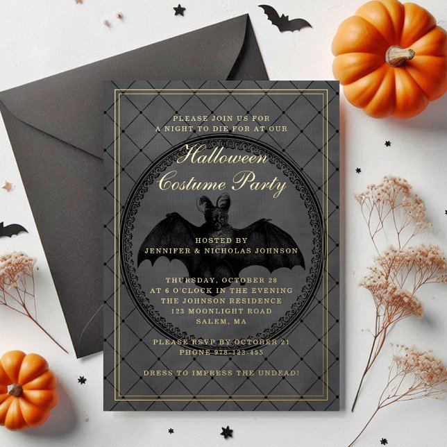 Elegant Gothic Bat Halloween Costume Party Gold (Elegant Gothic Bat Halloween Costume Party Gold Foil Invitation)