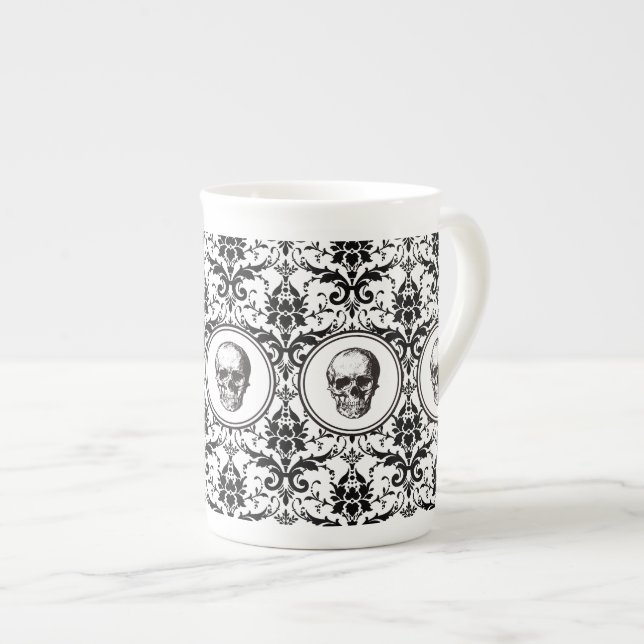 Elegant Gothic Black and White Skull Bone China Mug (Front Right)