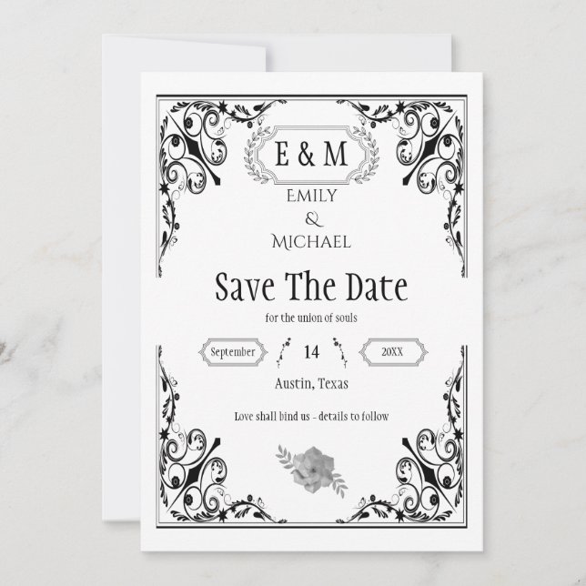 Elegant Gothic Black and White Wedding Monogram  Save The Date (Front)