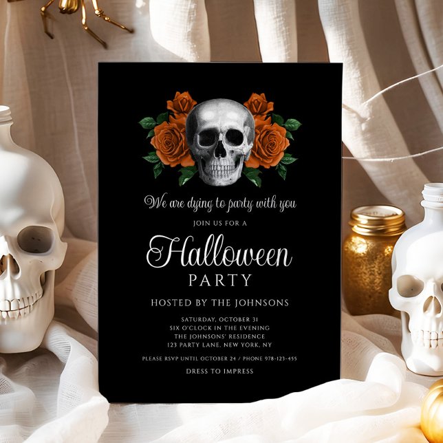 Elegant Gothic Black Floral Skull Halloween Invitation (Elegant Gothic Black Floral Skull Halloween Invitation - digital download)
