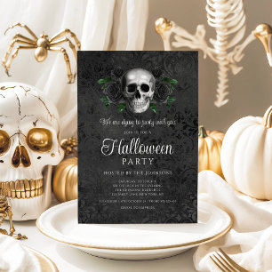 Elegant Gothic Black Floral Skull Halloween Invitation