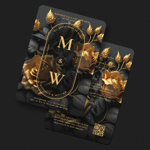 Elegant Gothic Black Gold Rose Boho Lux Wedding  Invitation