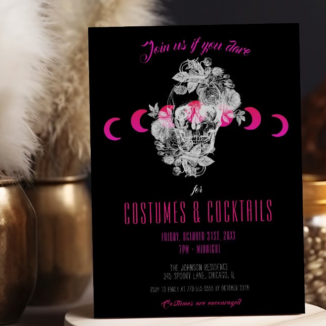 Elegant Gothic Black & Pink Skull Adult Halloween Invitation (Creator Uploaded)