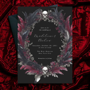 Elegant Gothic Black Red Feather Wreath Wedding Invitation