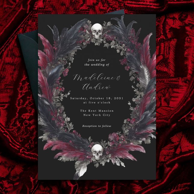 Elegant Gothic Black Red Feather Wreath Wedding Invitation (Creator Uploaded)