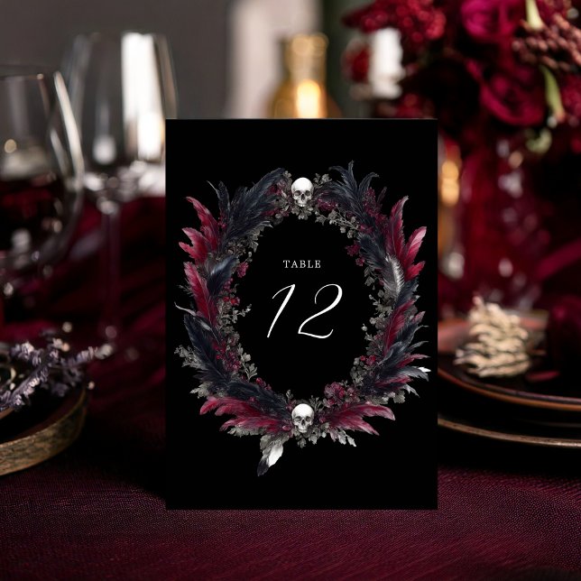 Elegant Gothic Black Red Feather Wreath Wedding Table Number (Creator Uploaded)