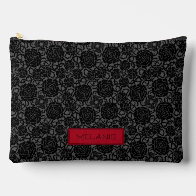 Elegant Gothic Black Rose Pattern Personalised Accessory Pouch (Front)