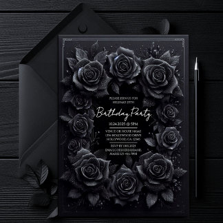 Elegant Gothic Black Roses Birthday Invitation