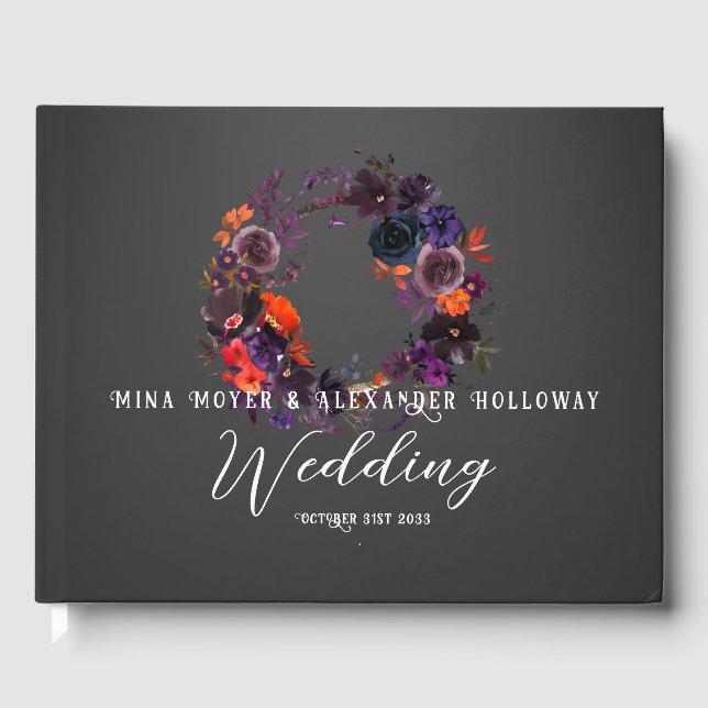 Elegant Gothic Dark Floral Photo Wedding Guest Book (Front)