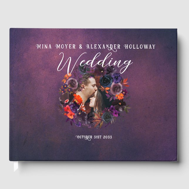 Elegant Gothic Dark Floral Purple Photo Wedding Guest Book (Front)