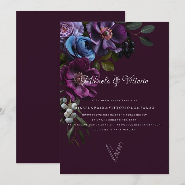 Elegant Gothic Dark Flower Wedding Invitation (Front/Back)