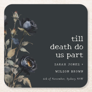 Elegant Gothic Dark Watercolor Black Rose Wedding Square Paper Coaster