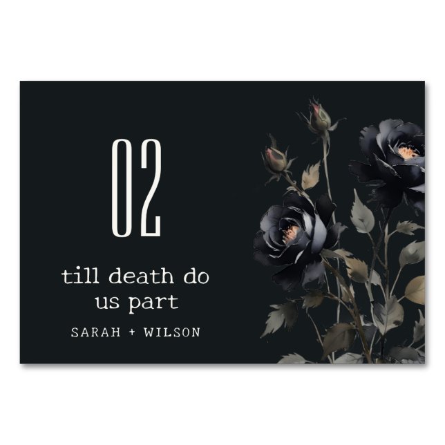 Elegant Gothic Dark Watercolor Black Rose Wedding Table Number (Front)