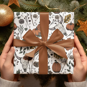 Elegant Gothic Fall Harvest and Cow Skulls Wrapping Paper