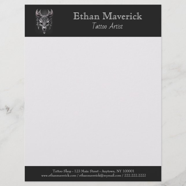 Elegant Gothic Fantasy Wolf Skull Black and Silver Custom Letterhead (Front)