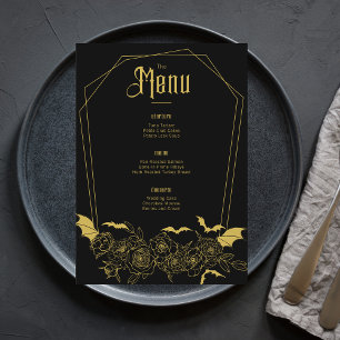 Elegant Gothic Floral Black Gold Wedding Menu