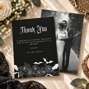 Elegant Gothic Floral Black Wedding Photo Thank You Card