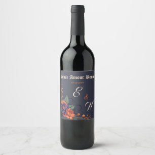 Elegant Gothic Floral Minimal Monogram wedding Wine Label