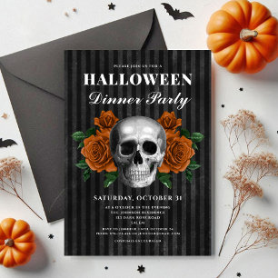Elegant Gothic Floral Skull Dinner Party Halloween Invitation