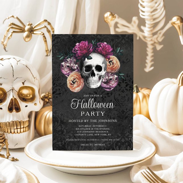 Elegant Gothic Floral Skull Halloween Invitation (Elegant Gothic Floral Skull Halloween Invitation)