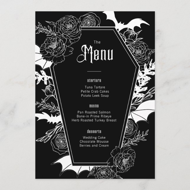 Elegant Gothic Floral Wedding Black Menu (Front)