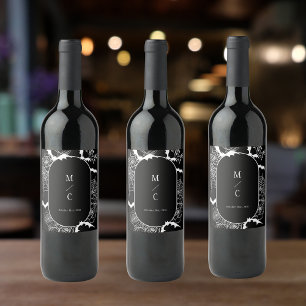 Elegant Gothic Floral Wedding Black Wine Label