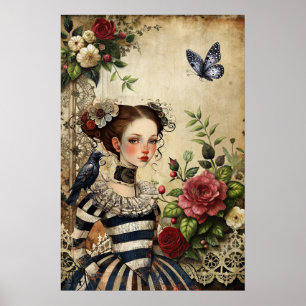 Elegant Gothic Girl & Raven In Rose Garden Poster