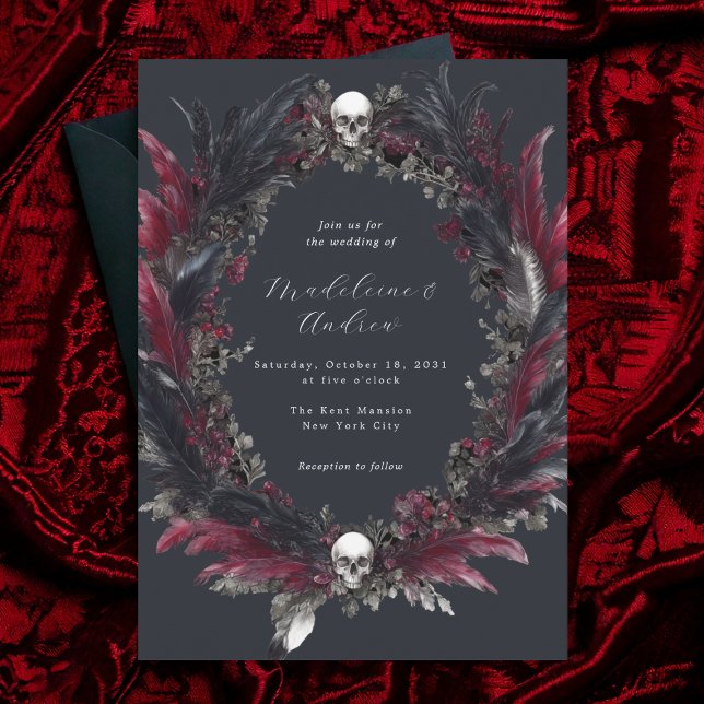 Elegant Gothic Grey Red Feather Wreath Wedding Invitation (Creator Uploaded)