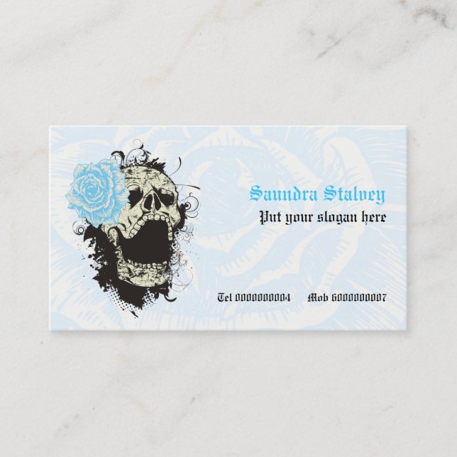 Elegant gothic grunge skull & blue rose custom business card (Front)