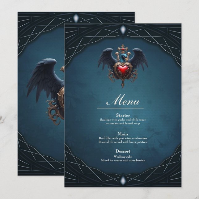 Elegant Gothic heart with fantasy bird.  Menu (Front/Back)