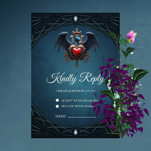 Elegant Gothic heart with fantasy bird.  RSVP Card