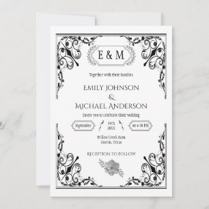 Elegant Gothic Monogram Black and White Wedding  Invitation