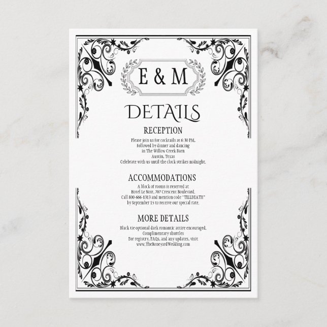 Elegant Gothic Monogram Wedding Details Enclosure Card (Front)