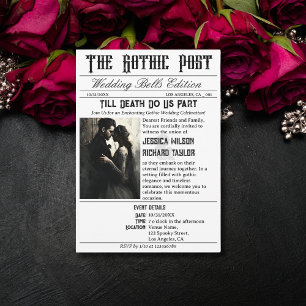 Elegant Gothic Newspaper Photo Black Wedding Invitation