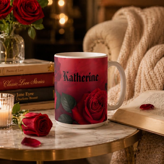 Elegant Gothic Red Roses Custom Name Coffee Mug (Creator Uploaded)